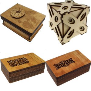 Set of 4 Wooden Puzzle Boxes – Lotus, Answer, Minos, Sphinx
